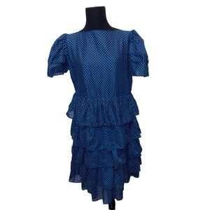 Vintage 80s Navy White Polka Dotted Ruffled Dress Size 9